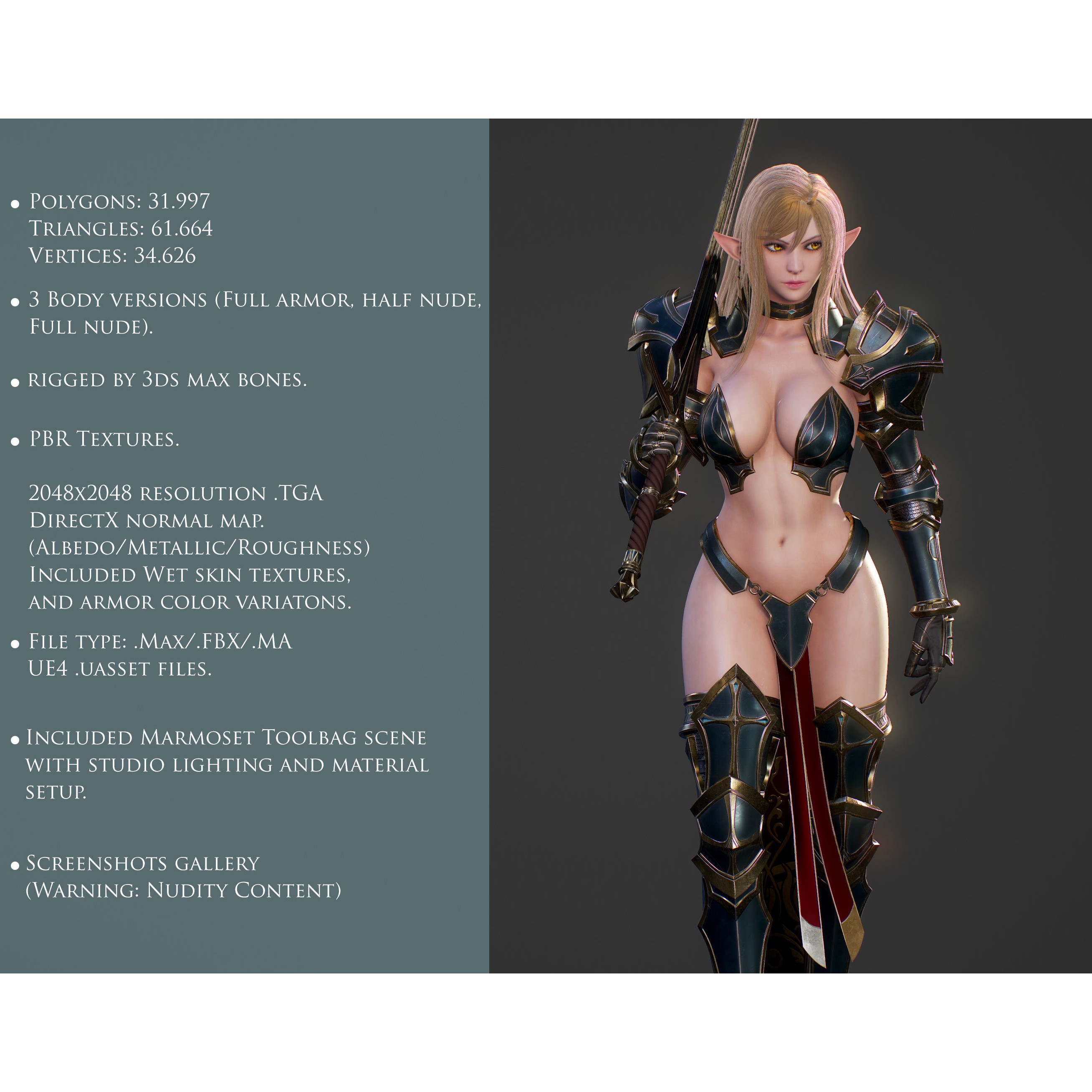 Elf Swordmaster - Low-Poly Game-Ready 3D Model - View 4