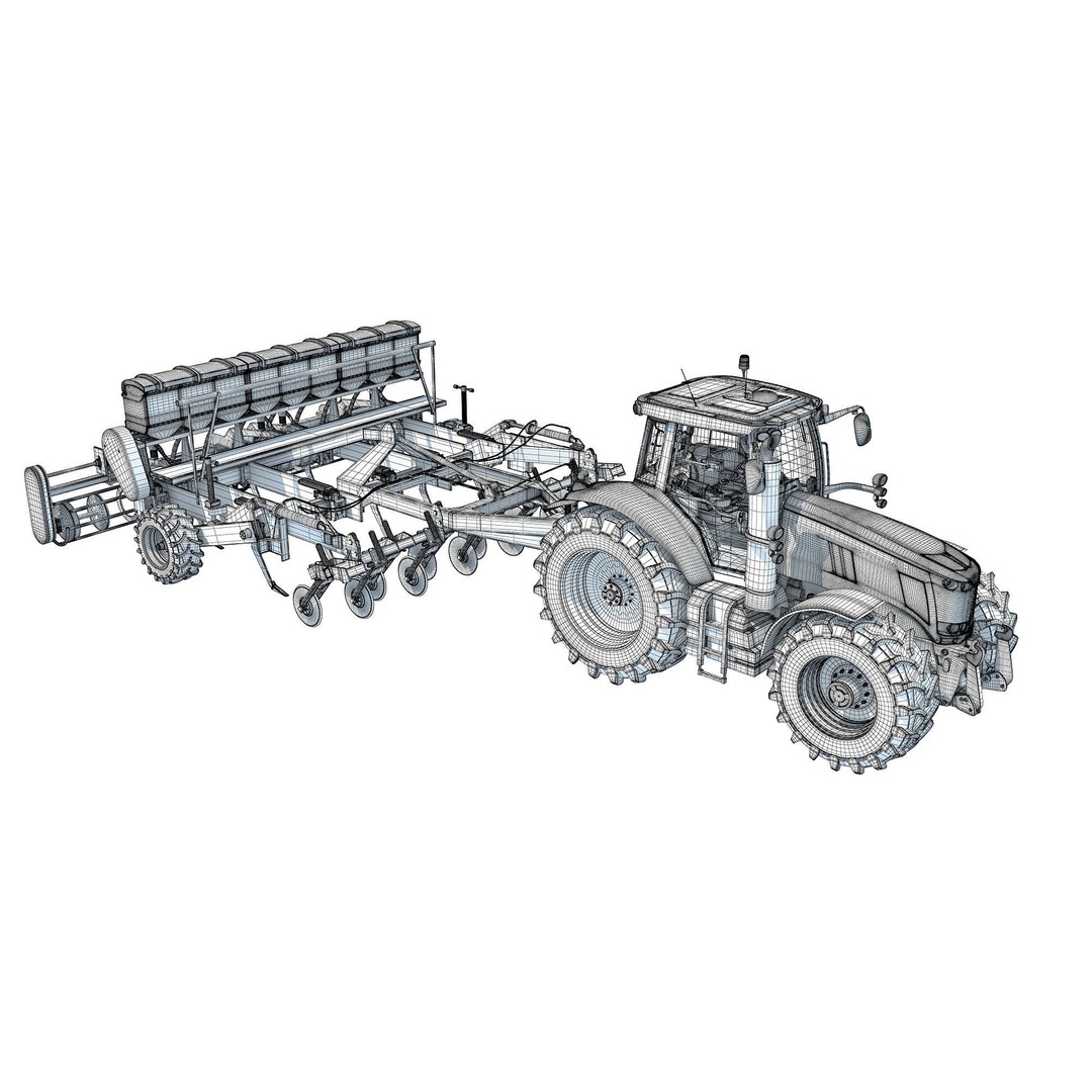 Tractor 3D Model – High Poly Industrial Vehicle with Seed Drill