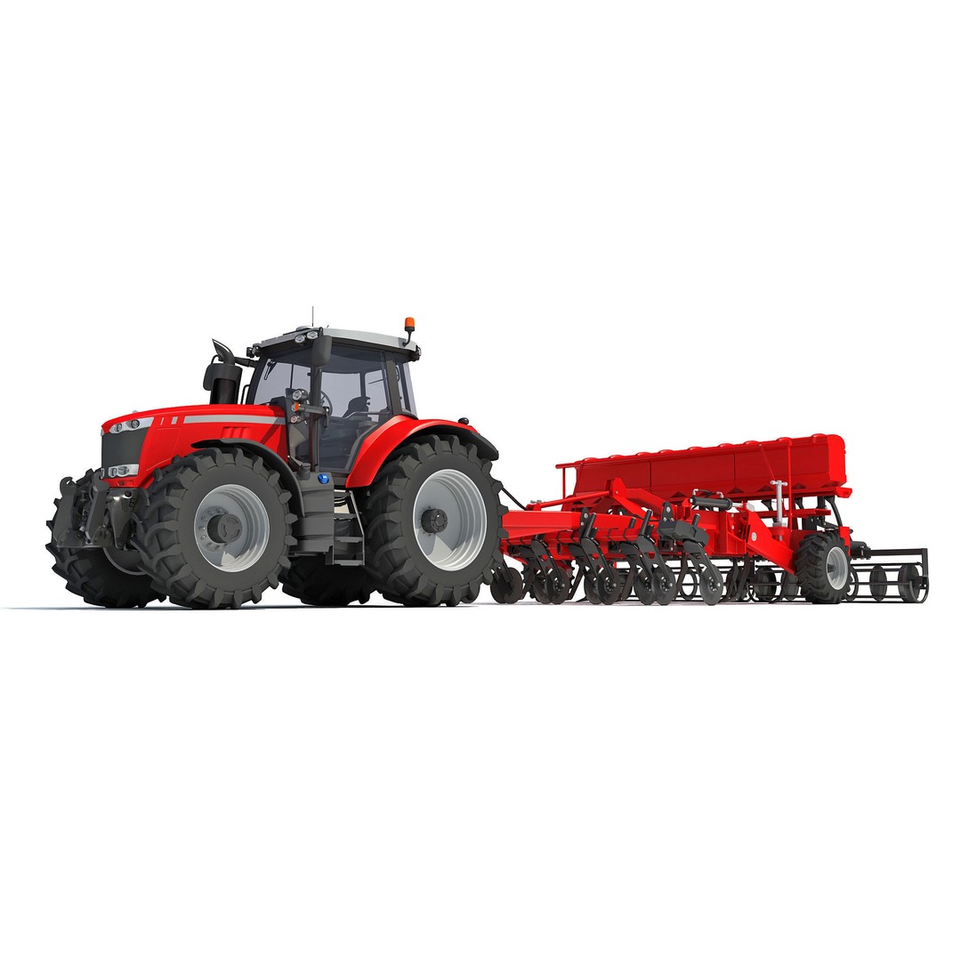 Tractor 3D Model – High Poly Industrial Vehicle with Seed Drill - View 11