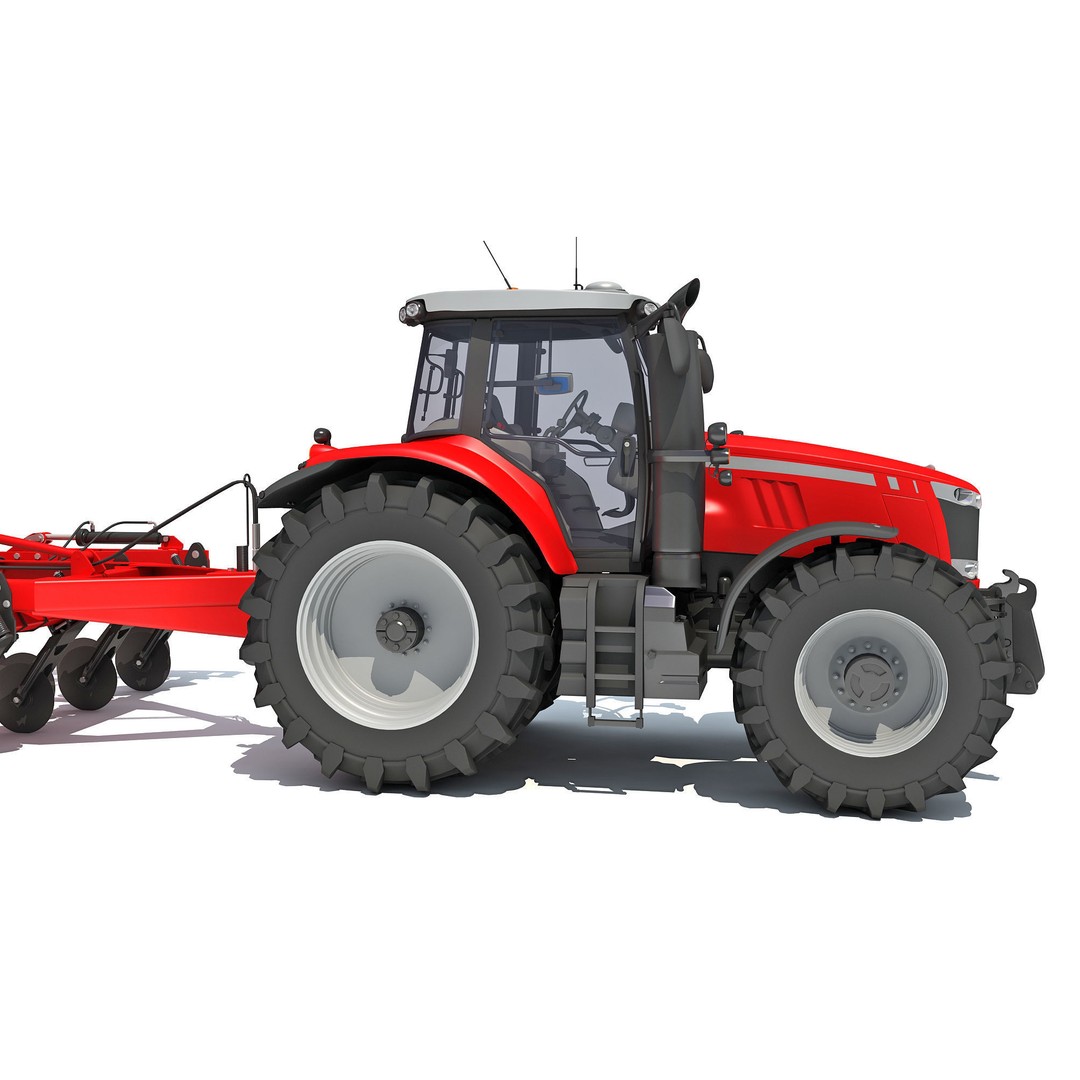 Tractor 3D Model – High Poly Industrial Vehicle with Seed Drill - View 14