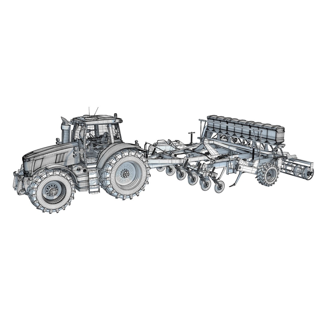 Tractor 3D Model – High Poly Industrial Vehicle with Seed Drill - View 18