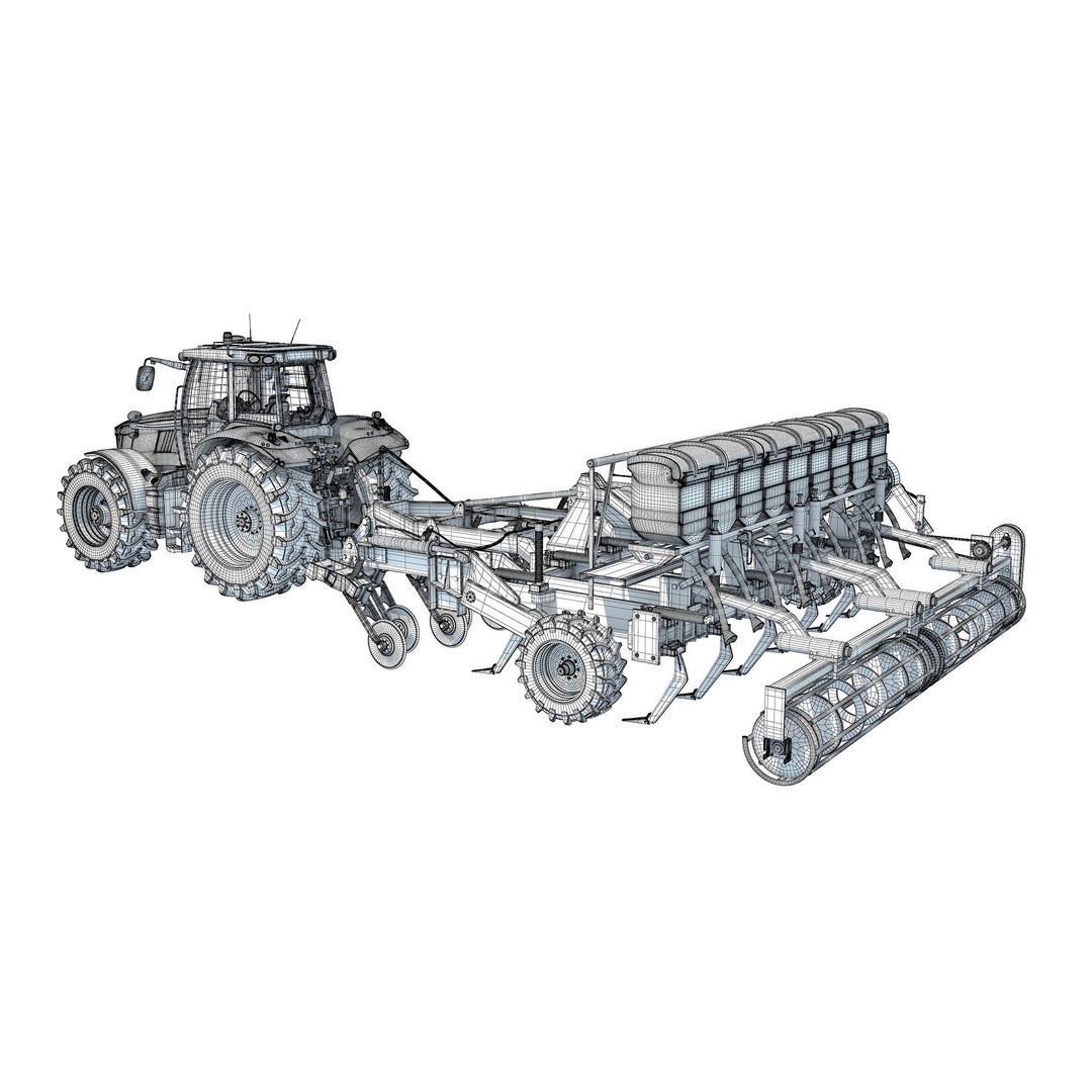 Tractor 3D Model – High Poly Industrial Vehicle with Seed Drill - View 19