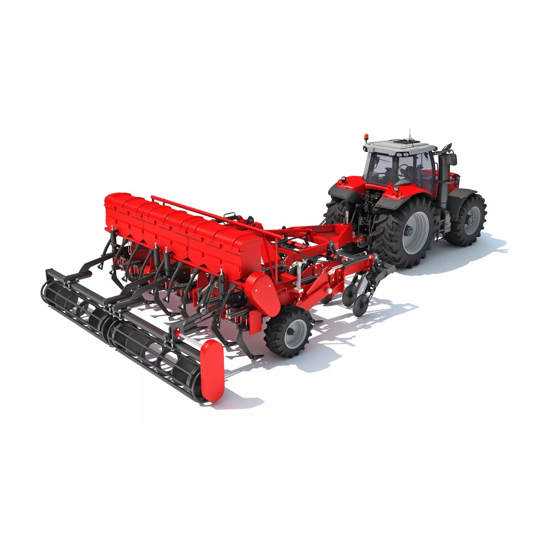 Tractor 3D Model – High Poly Industrial Vehicle with Seed Drill - View 2