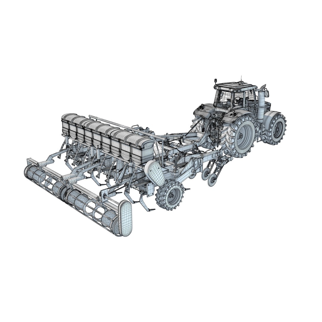 Tractor 3D Model – High Poly Industrial Vehicle with Seed Drill - View 20