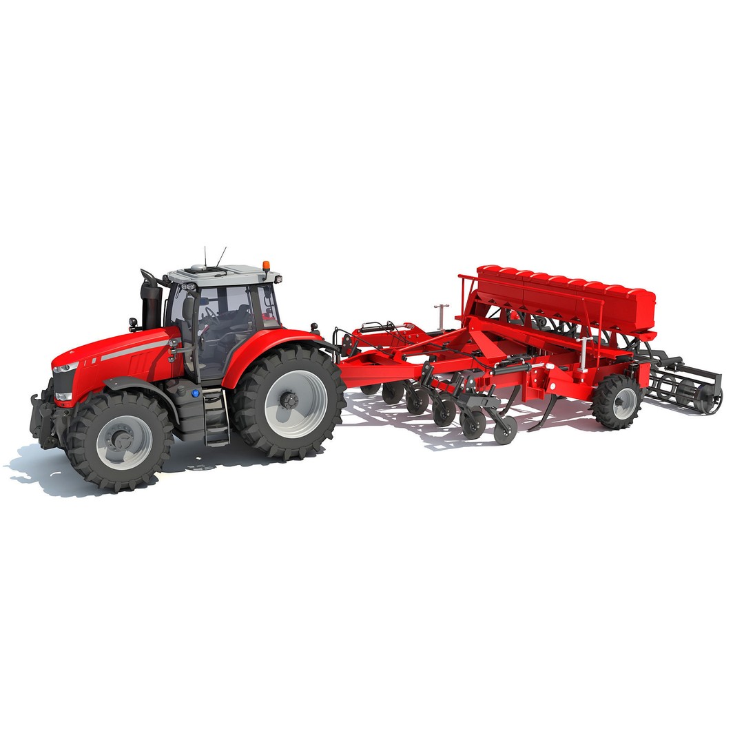 Tractor 3D Model – High Poly Industrial Vehicle with Seed Drill - View 3
