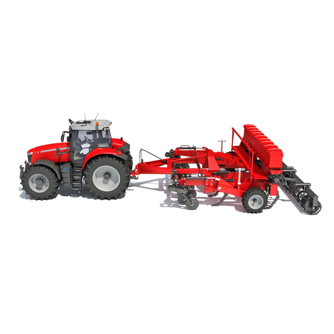 Tractor 3D Model – High Poly Industrial Vehicle with Seed Drill - View 4
