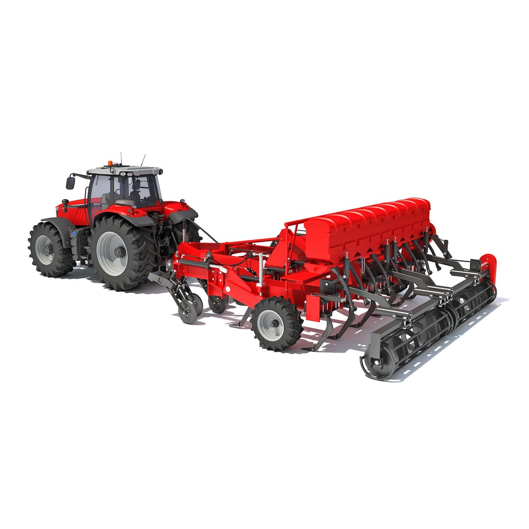 Tractor 3D Model – High Poly Industrial Vehicle with Seed Drill - View 5