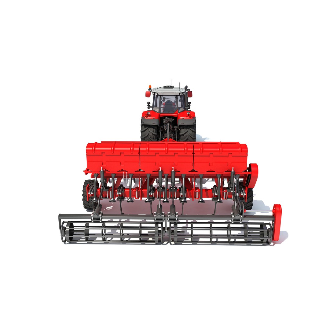 Tractor 3D Model – High Poly Industrial Vehicle with Seed Drill - View 6
