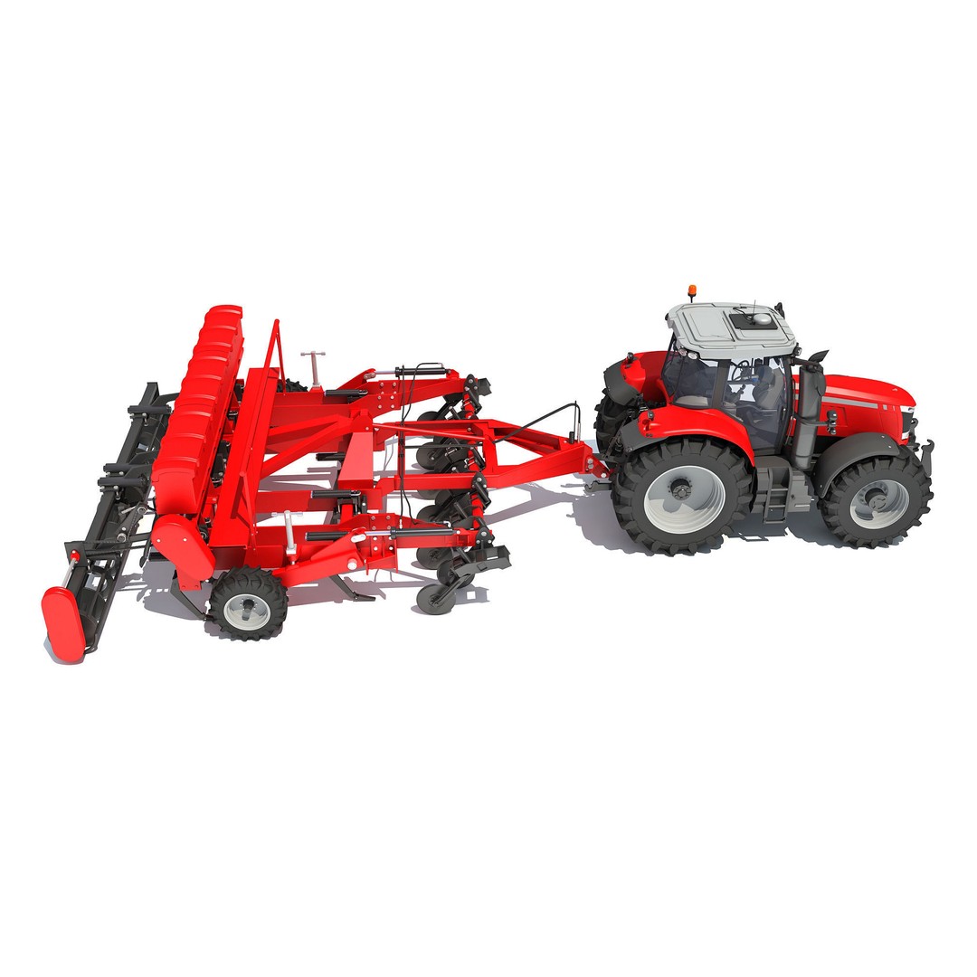Tractor 3D Model – High Poly Industrial Vehicle with Seed Drill - View 7