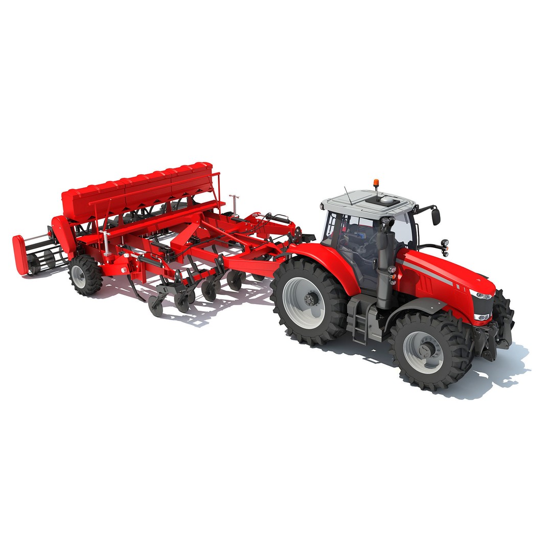 Tractor 3D Model – High Poly Industrial Vehicle with Seed Drill - View 9