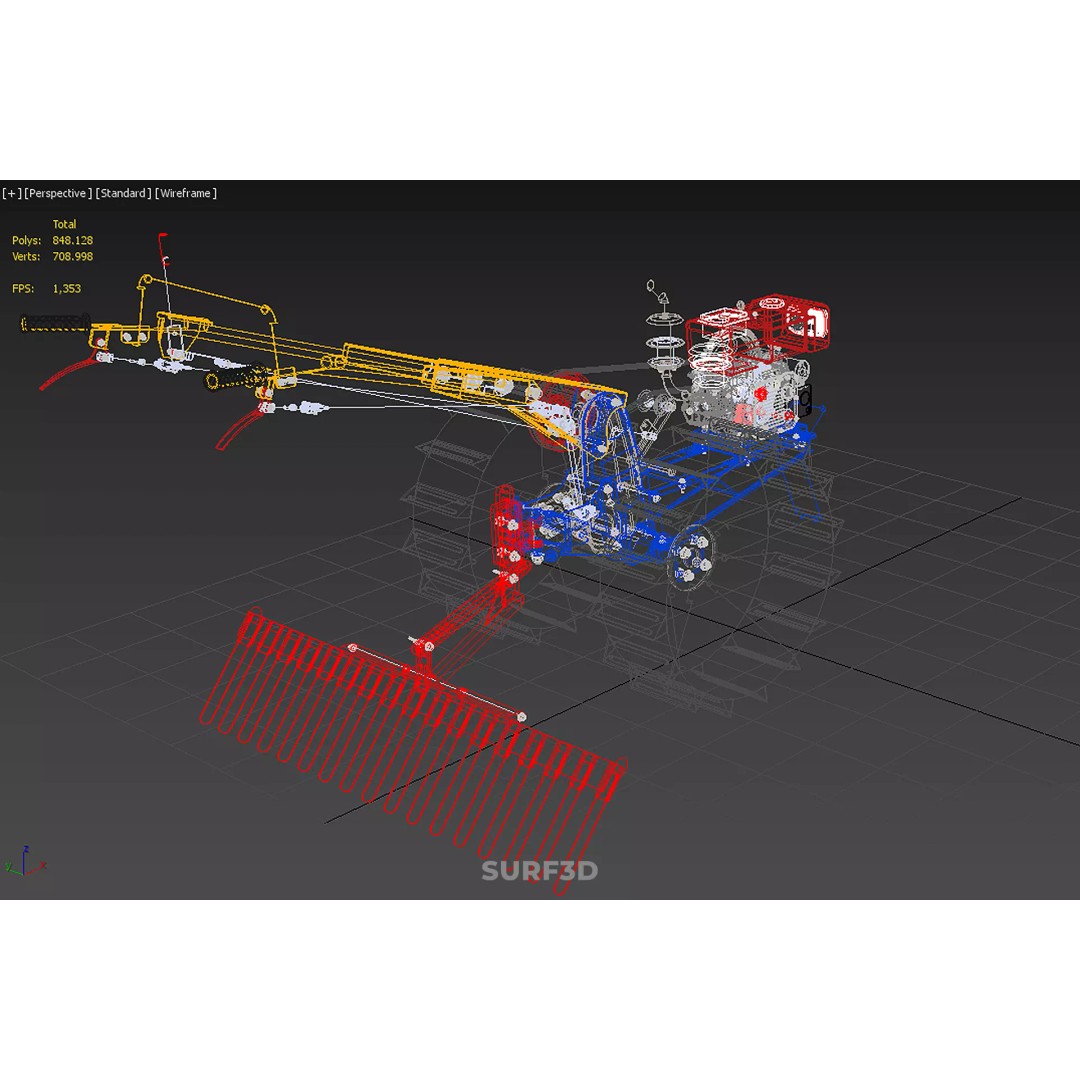 Hand Walking Tractor Leveling Tooth Harrow Rake 3D Model – PBR Formats for Agriculture - View 33