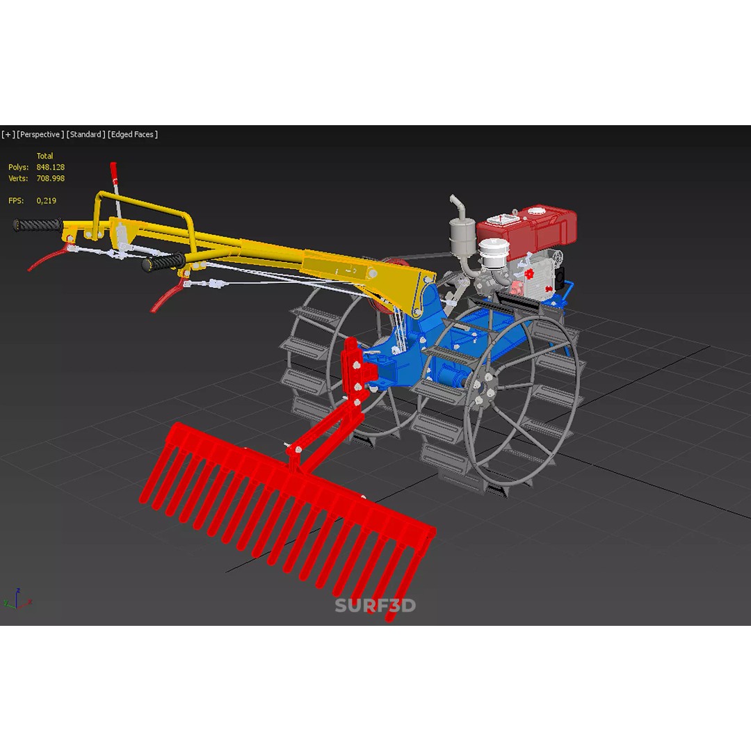 Hand Walking Tractor Leveling Tooth Harrow Rake 3D Model – PBR Formats for Agriculture - View 34