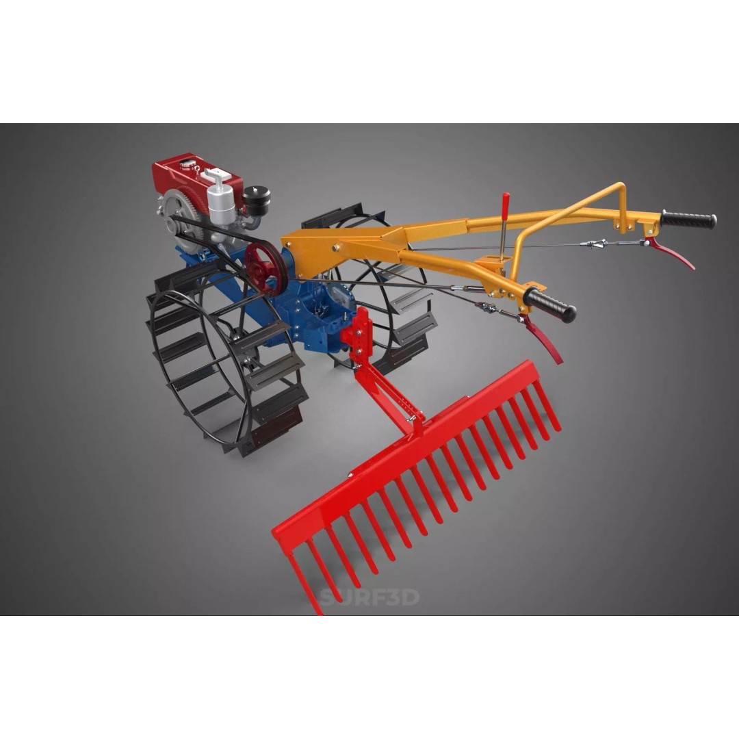 Hand Walking Tractor Leveling Tooth Harrow Rake 3D Model – PBR Formats for Agriculture - View 7