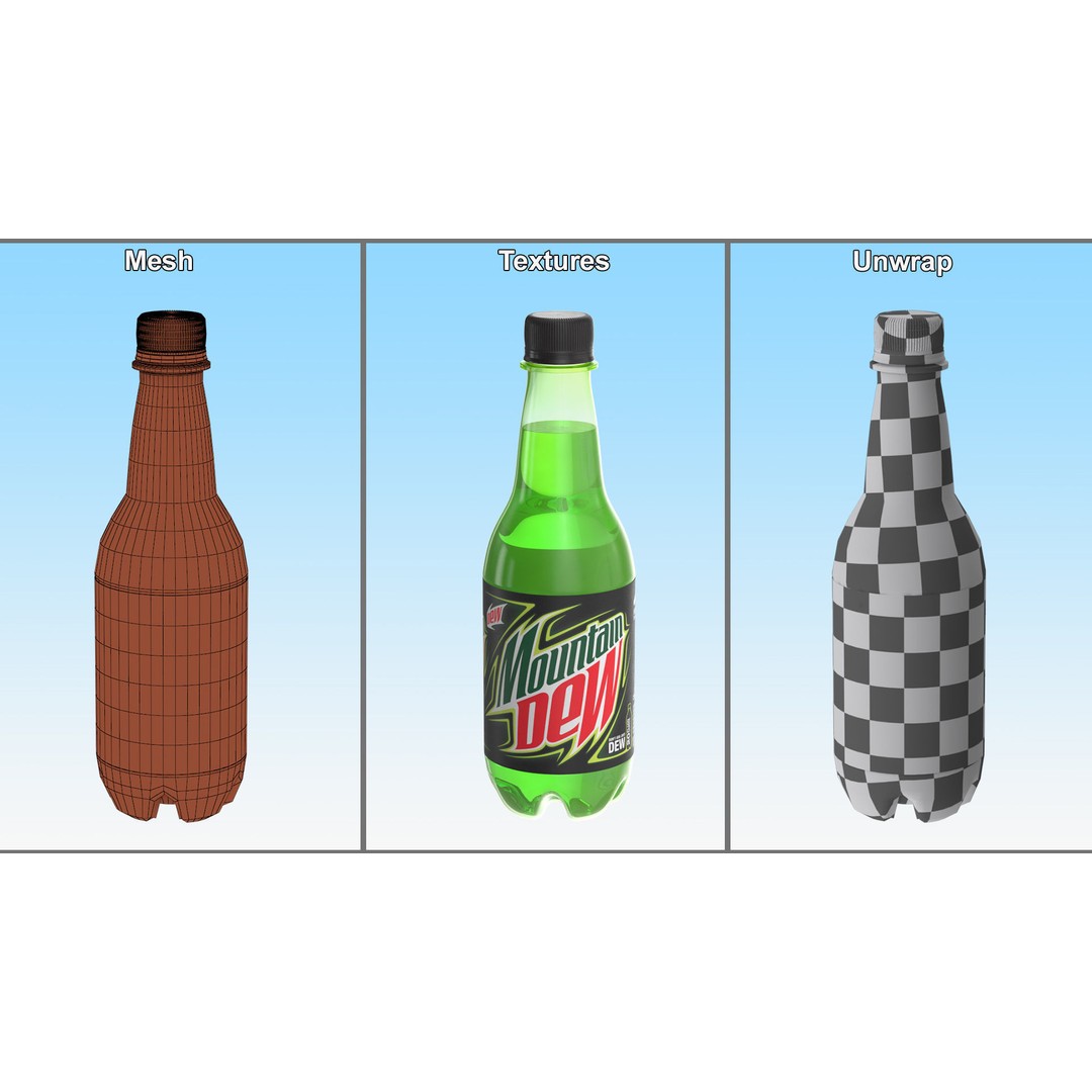 Mountain Dew Soft Drink Neon Bottle 3D Model – High Poly PBR Asset, FBX, OBJ - View 10