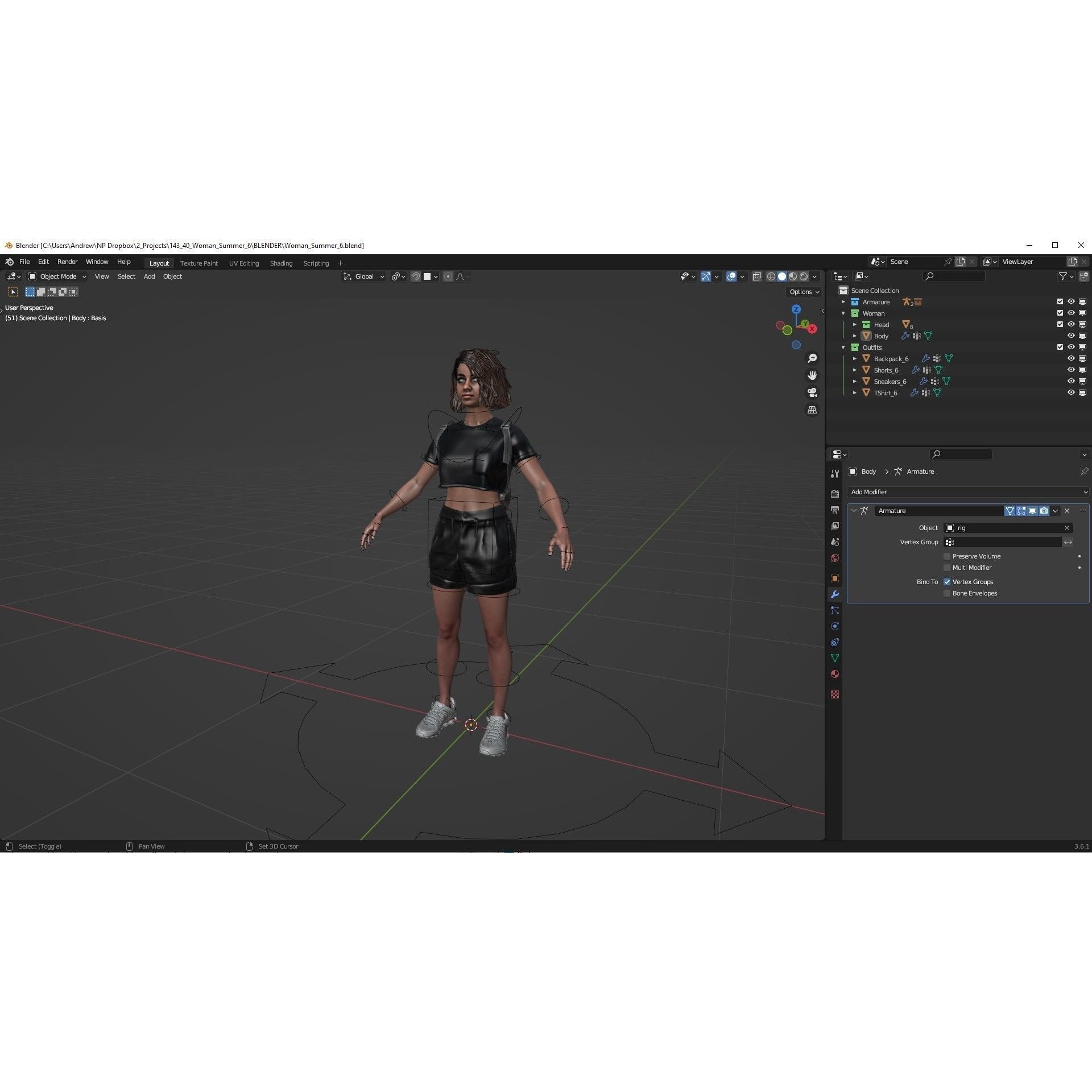 Woman - Summer Outfit - Low-Poly Game-Ready 3D Model - View 7