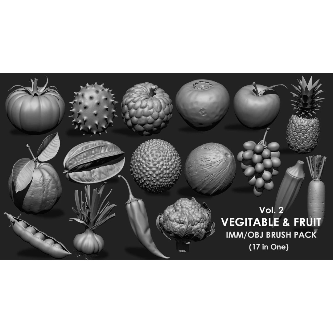 Fruits and Vegetables 3D Model – 17-in-1 Design Brush Pack, OBJ - View 2