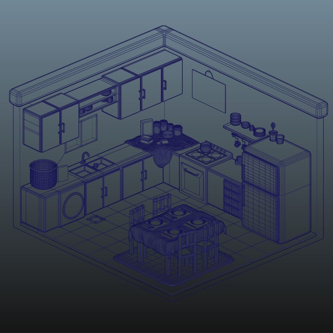 Isometric Kitchen 3D Model – Stylized Interior Design, Blender