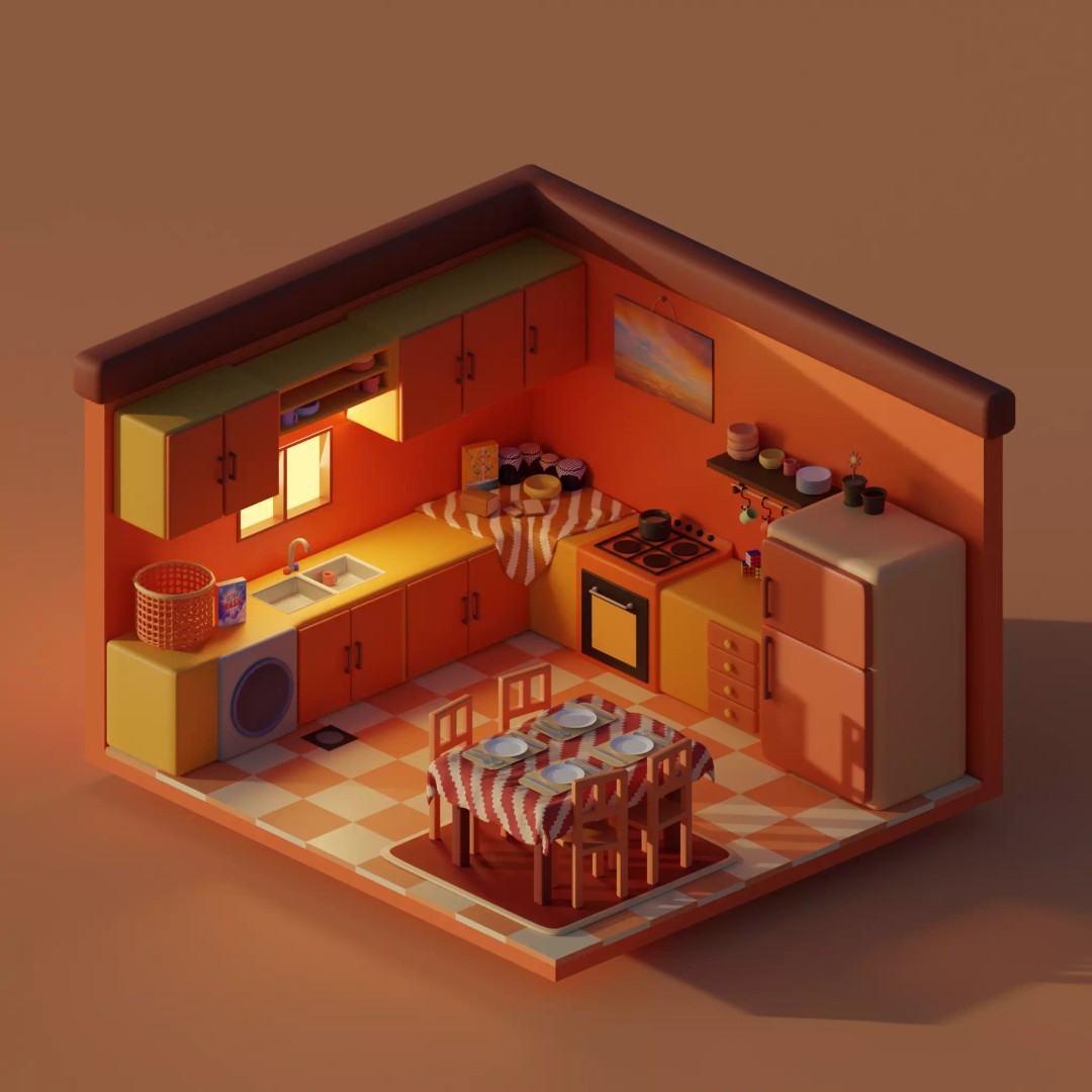 Isometric Kitchen 3D Model – Stylized Interior Design, Blender - View 2