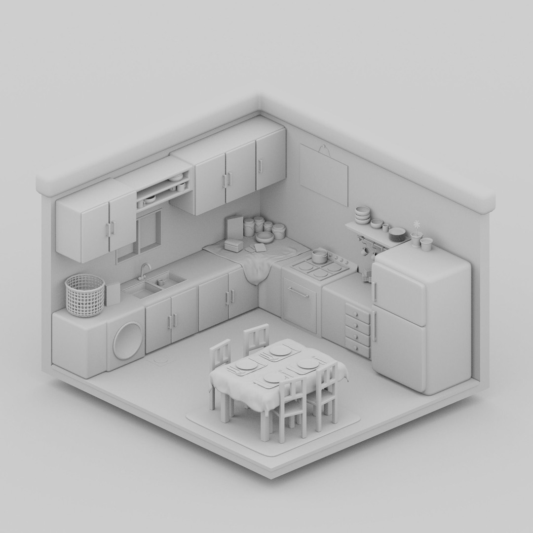 Isometric Kitchen 3D Model – Stylized Interior Design, Blender - View 3