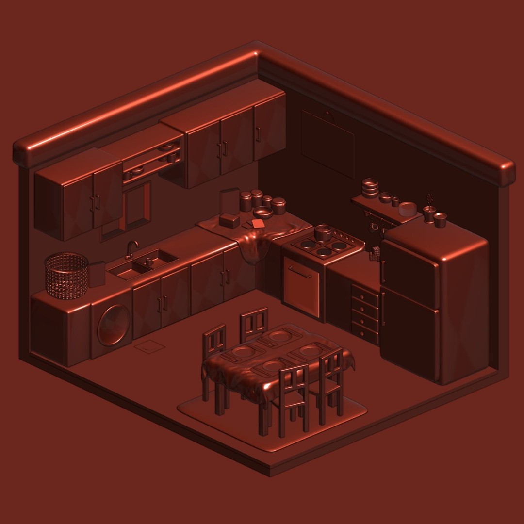 Isometric Kitchen 3D Model – Stylized Interior Design, Blender - View 4