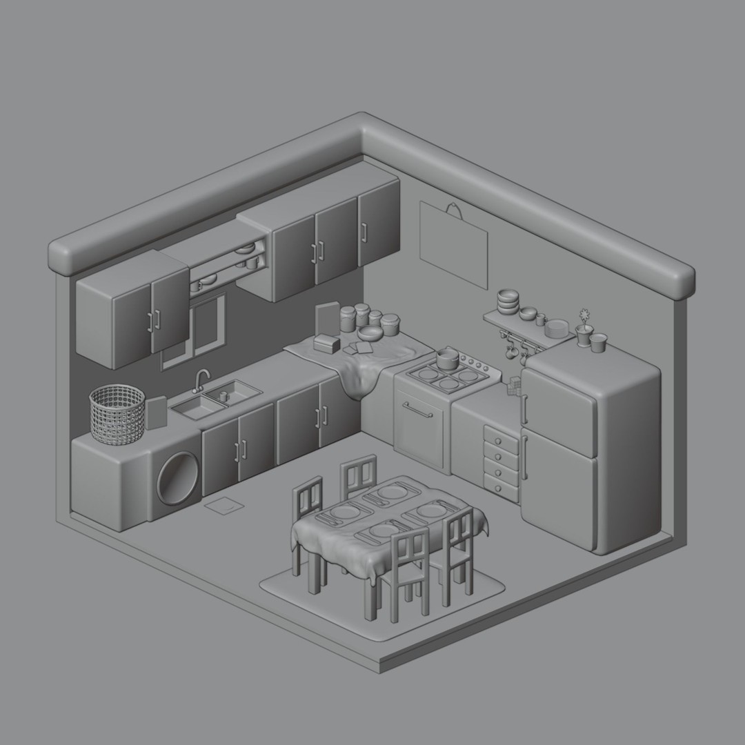 Isometric Kitchen 3D Model – Stylized Interior Design, Blender - View 5
