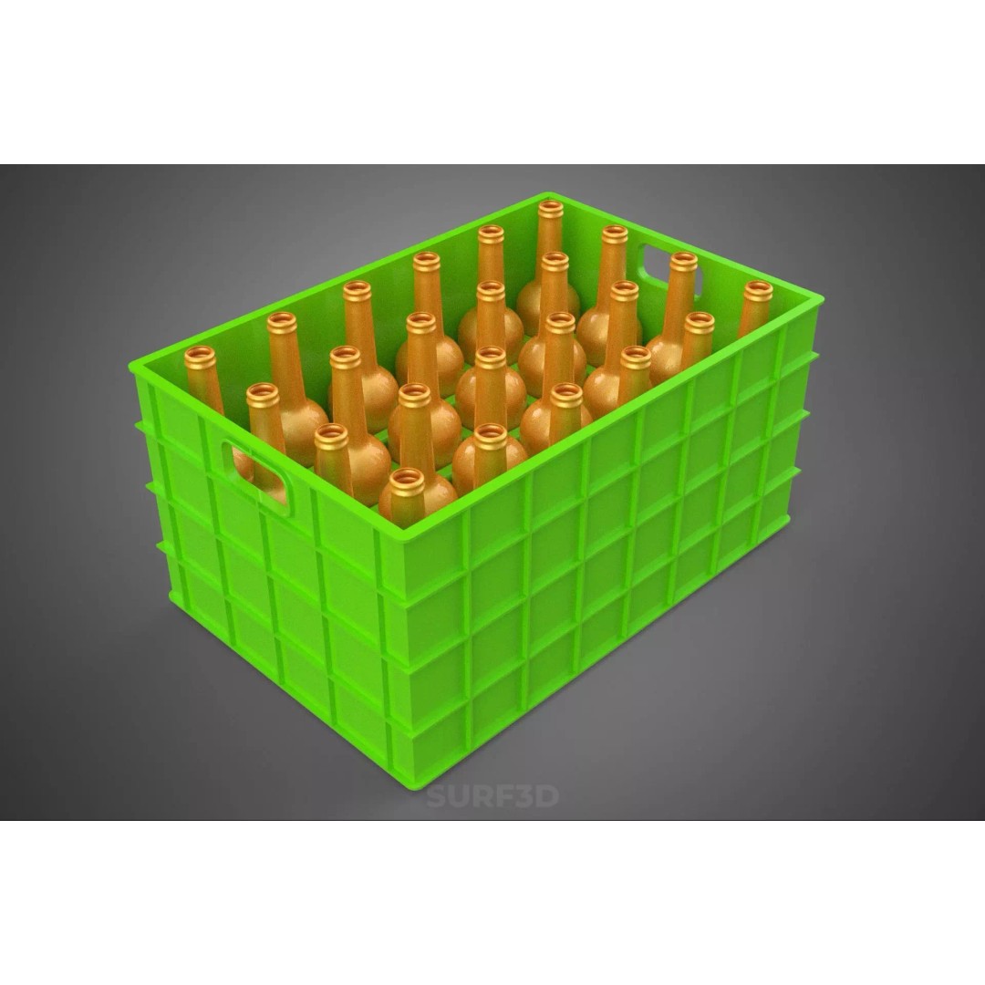 Green Bottles Drink Crate 3D Model – Durable Storage Array, FBX - View 3