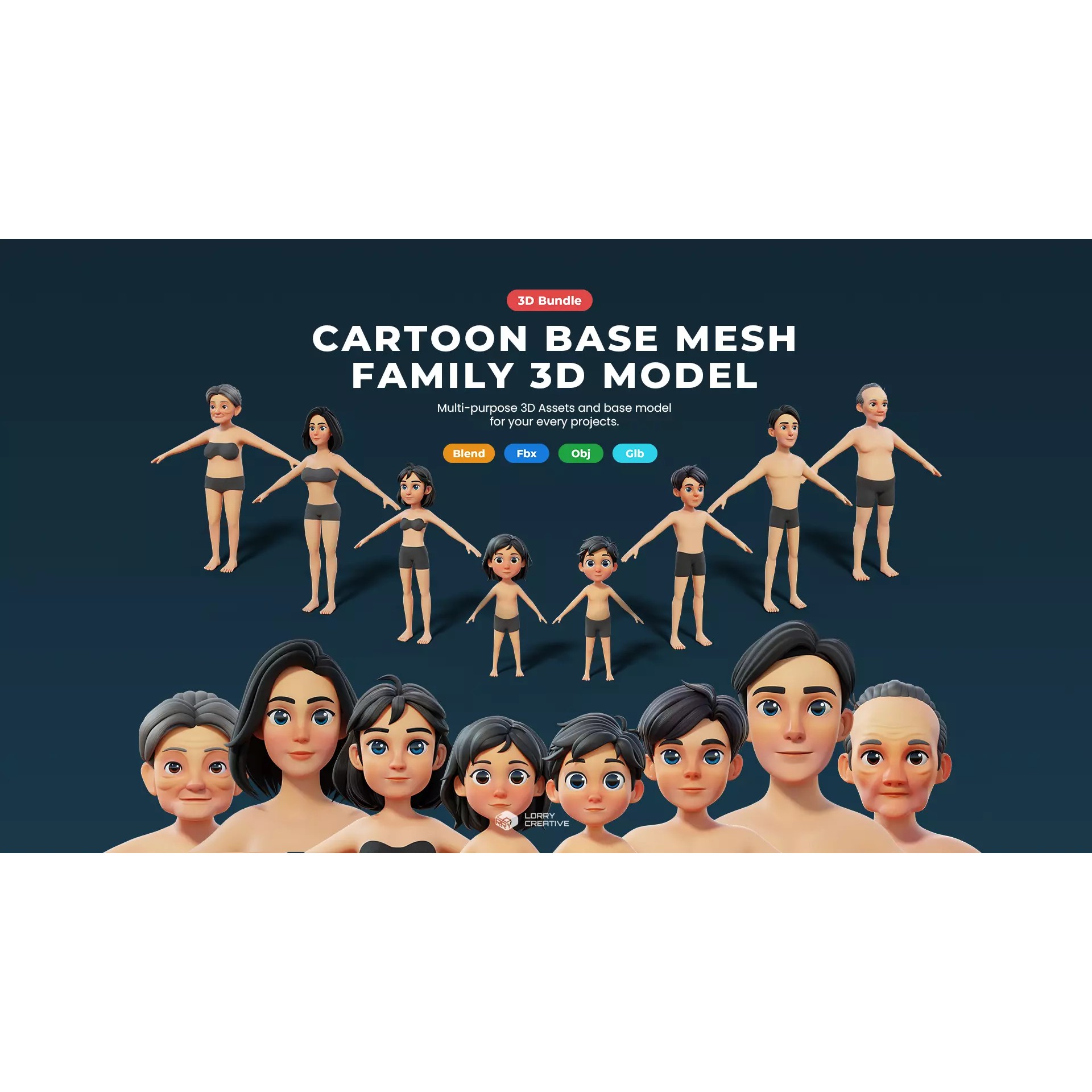 Cartoon Base Mesh Family Pack - Game-Ready 3D Model - View 2