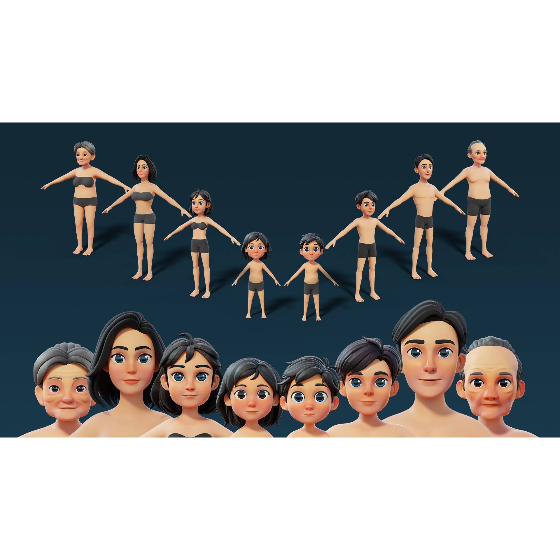Cartoon Base Mesh Family Pack - Game-Ready 3D Model - View 3