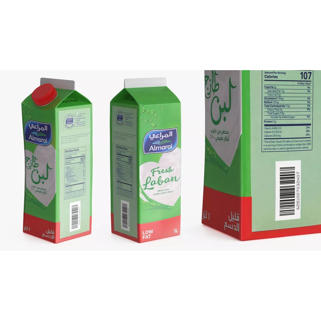 Almarai Fresh Laban Carton 1L 3D Model – Realistic Low Fat Beverage Packaging - View 5