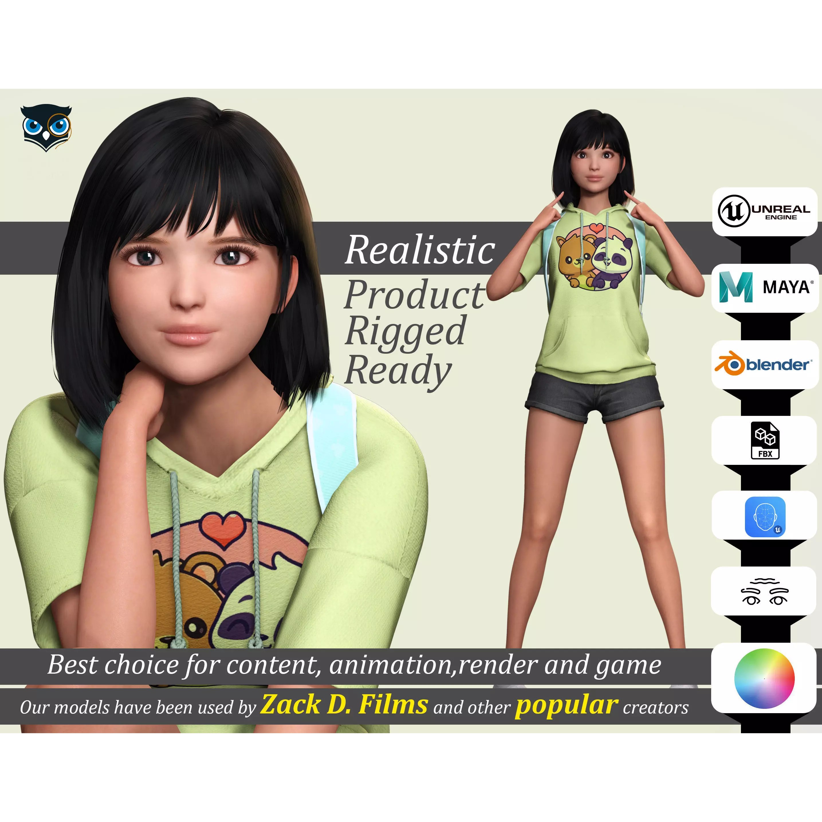 Realistic School Girl - Low-Poly Game-Ready 3D Model - View 2