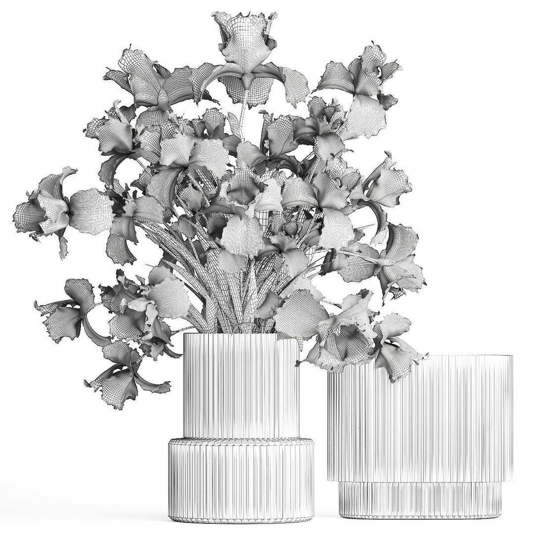 Purple Iris Bouquet 3D Model – Modern Glass Vase, PBR Textures