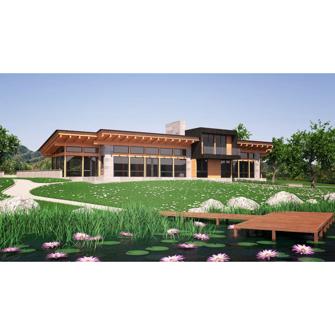 Wooden Lakeside House 3D Model – Modern Exterior Scene, FBX - View 2
