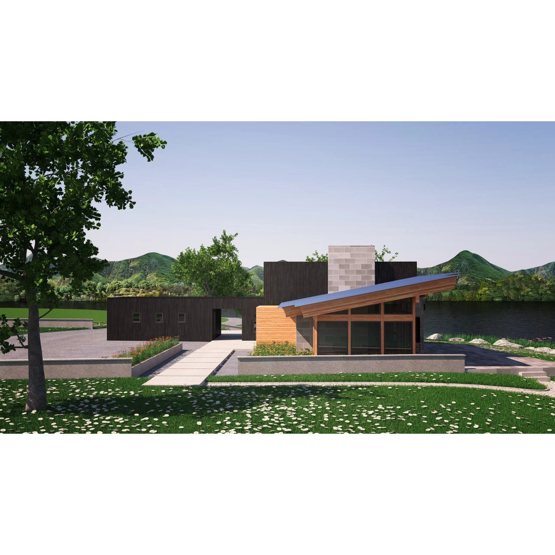 Wooden Lakeside House 3D Model – Modern Exterior Scene, FBX - View 6