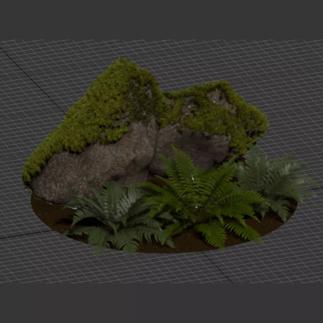 Fern Plants and Mossy Rocks 3D Model – Realistic Garden Asset, FBX