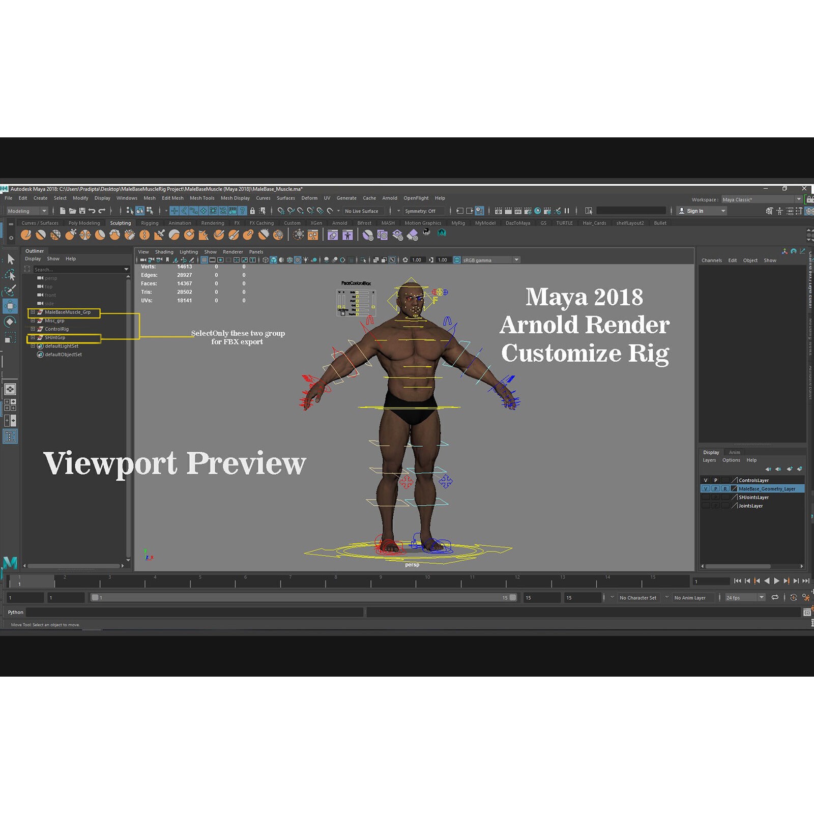 Male Base Muscle Rig - Low-Poly Game-Ready 3D Model - View 23