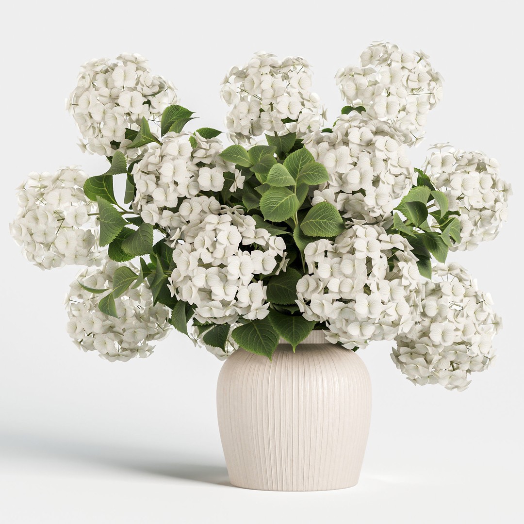 Hydrangea Bouquet 3D Model – Textured Ceramic Vase, PBR, OBJ - View 3