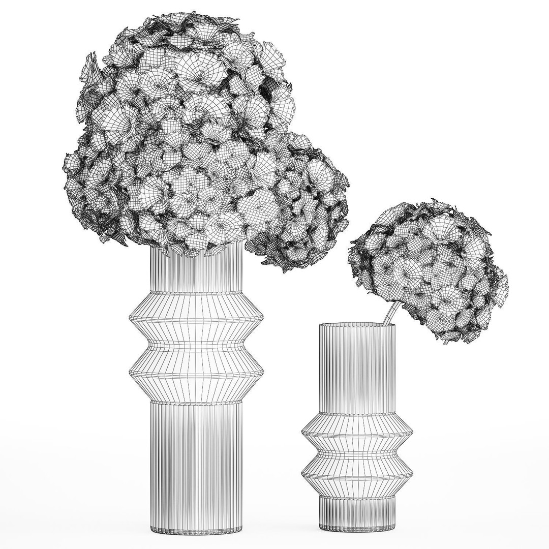 Solemn White Flower Bouquet 3D Model – Modern Hydrangea in Glass Vase