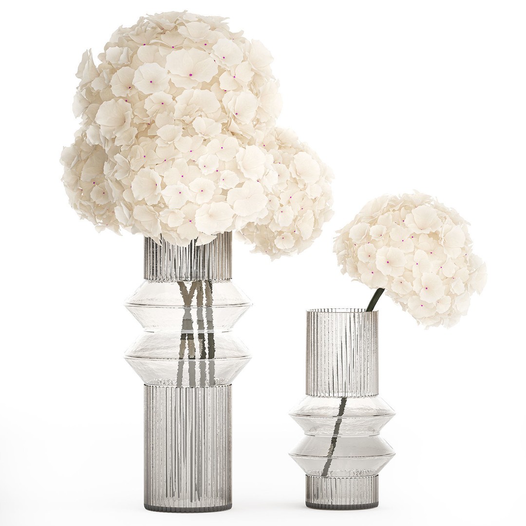 Solemn White Flower Bouquet 3D Model – Modern Hydrangea in Glass Vase - View 10