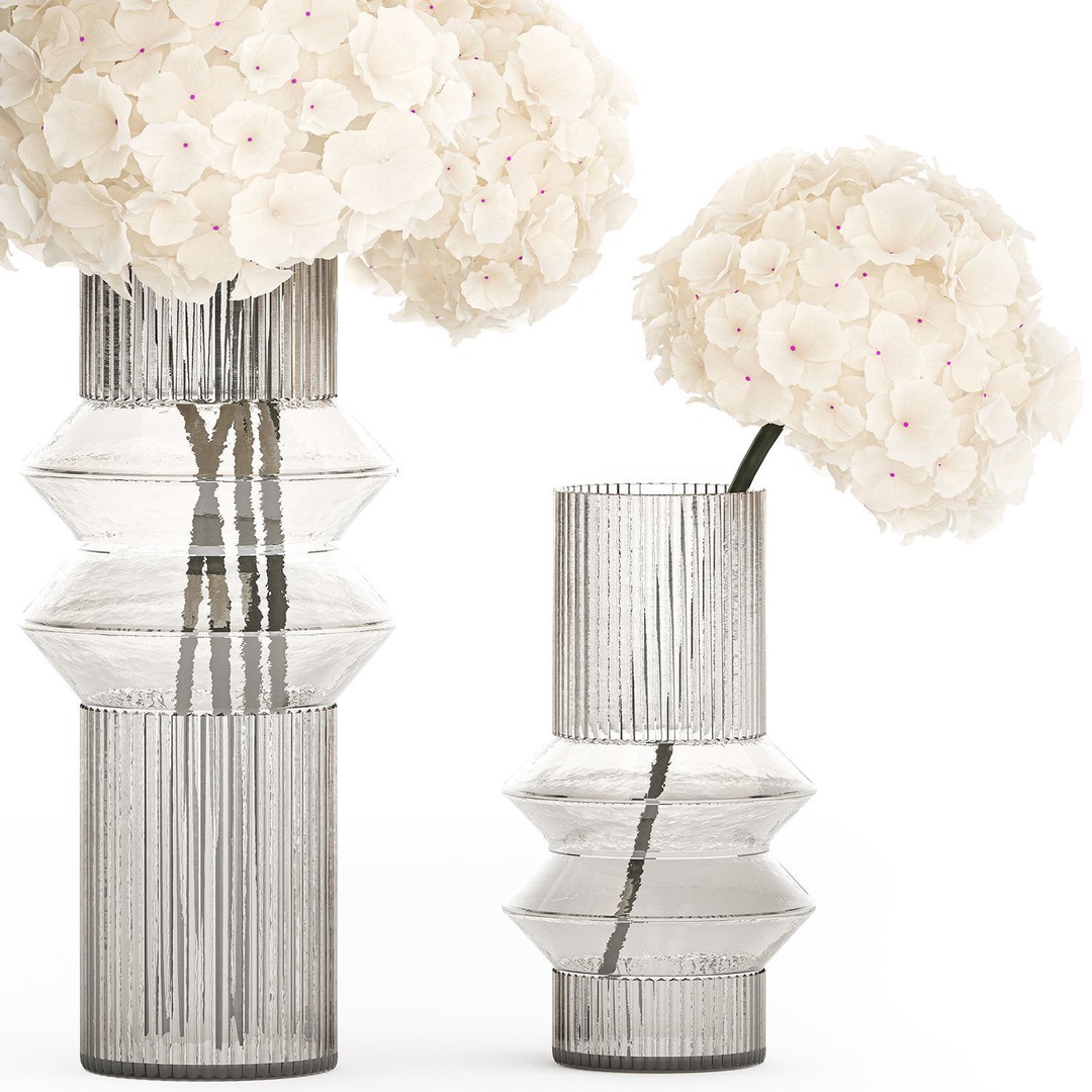 Solemn White Flower Bouquet 3D Model – Modern Hydrangea in Glass Vase - View 12