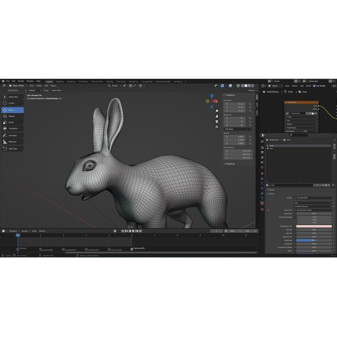 Fur Rabbit 3D Model – Low Poly Rigged Animal with Animations, Blender