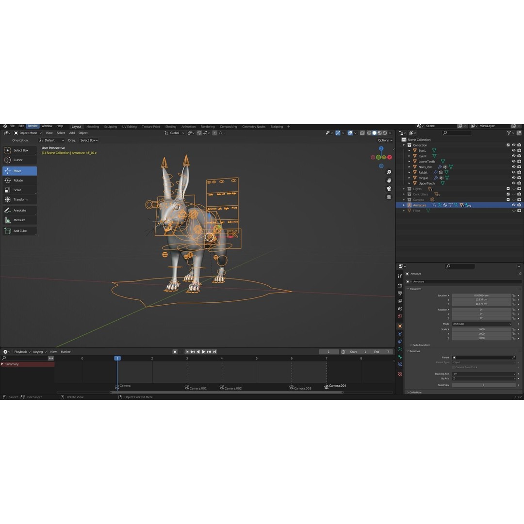 Fur Rabbit 3D Model – Low Poly Rigged Animal with Animations, Blender - View 13