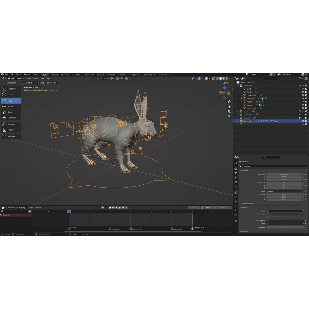 Fur Rabbit 3D Model – Low Poly Rigged Animal with Animations, Blender - View 14