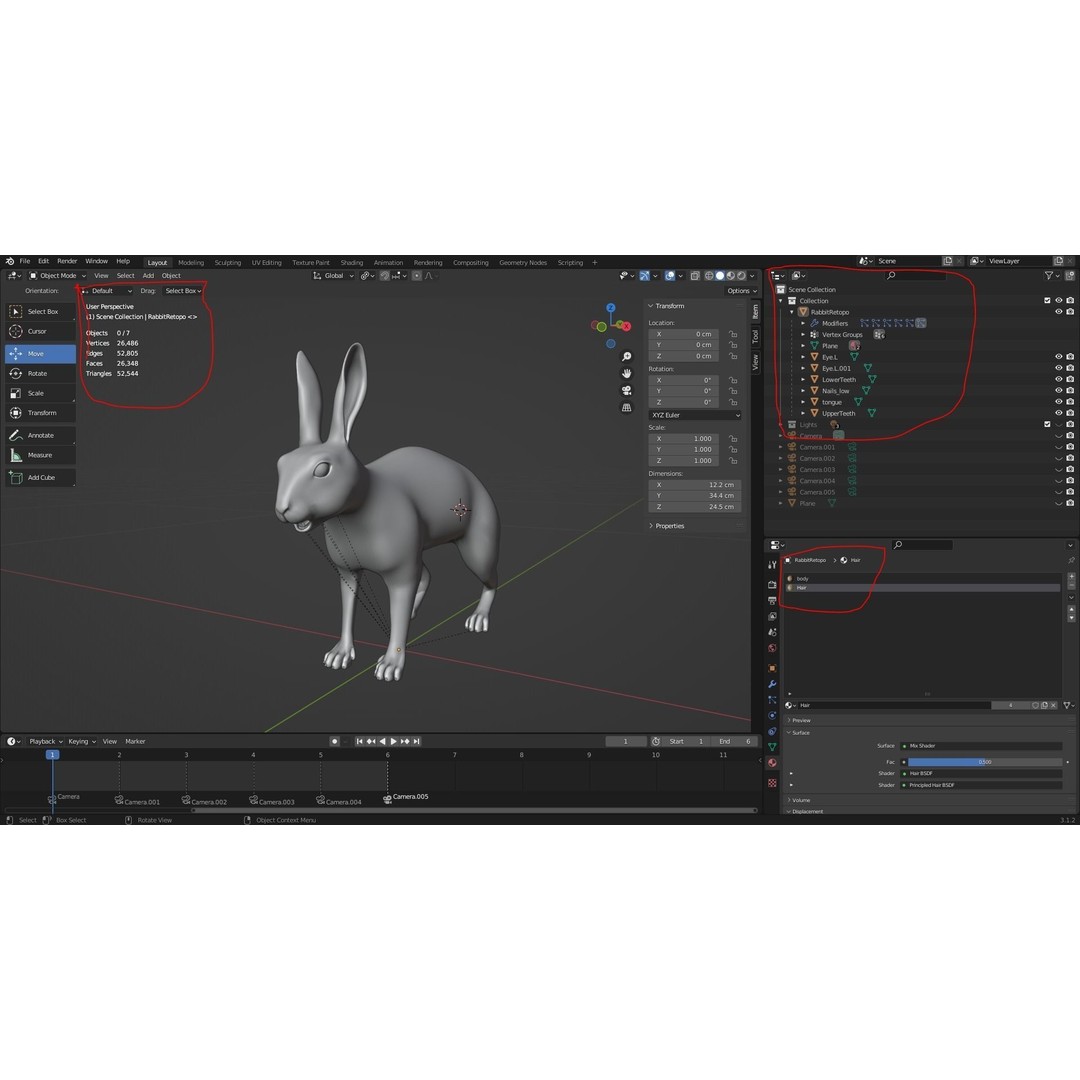 Fur Rabbit 3D Model – Low Poly Rigged Animal with Animations, Blender - View 16