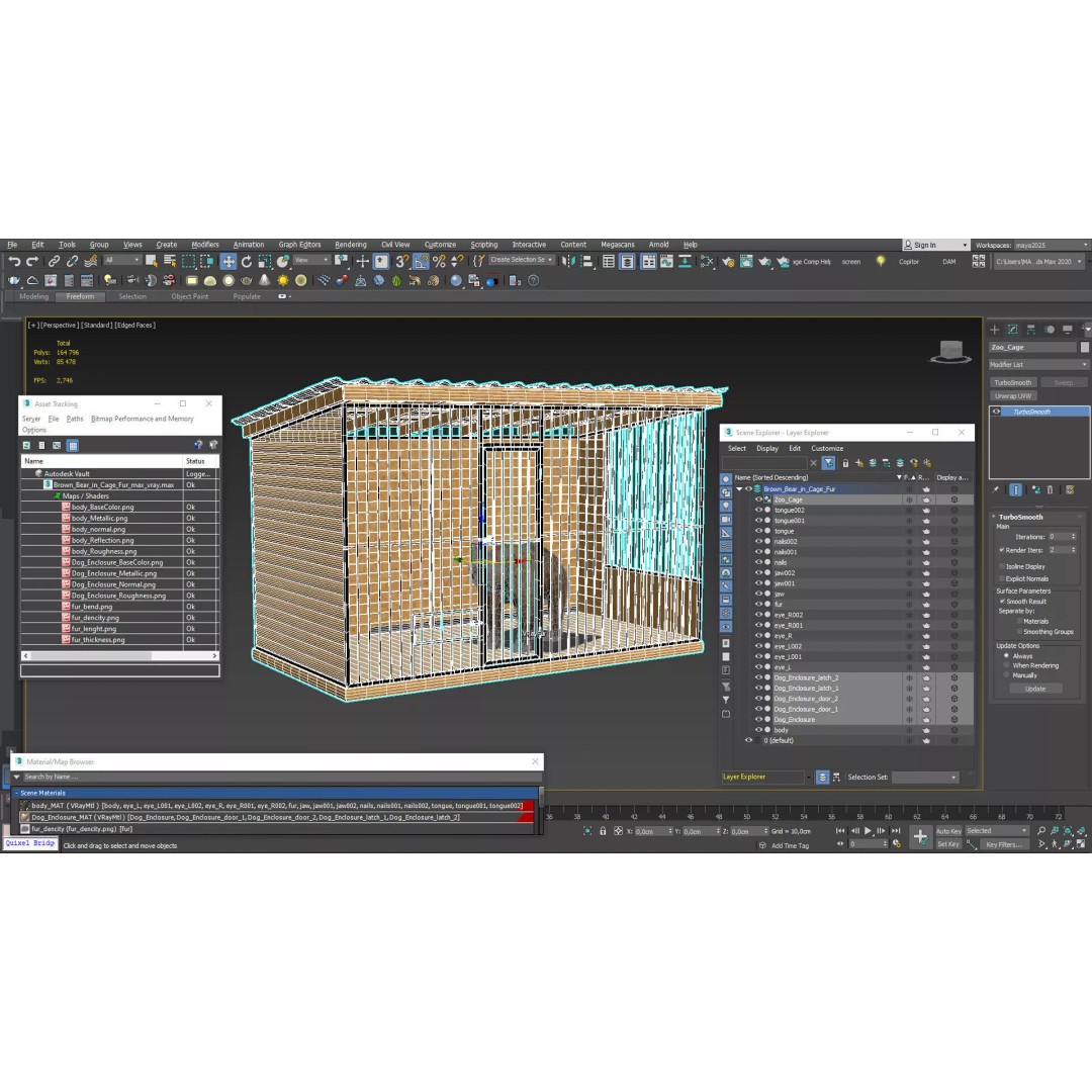 Brown Bear 3D Model – Realistic Fur in Cage, PBR Textures