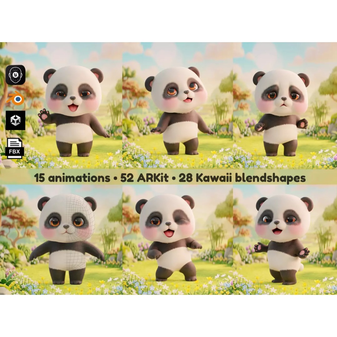 Panda 3D Model – Rigged Low-Poly Character with 52 ARKit Blendshapes - View 2