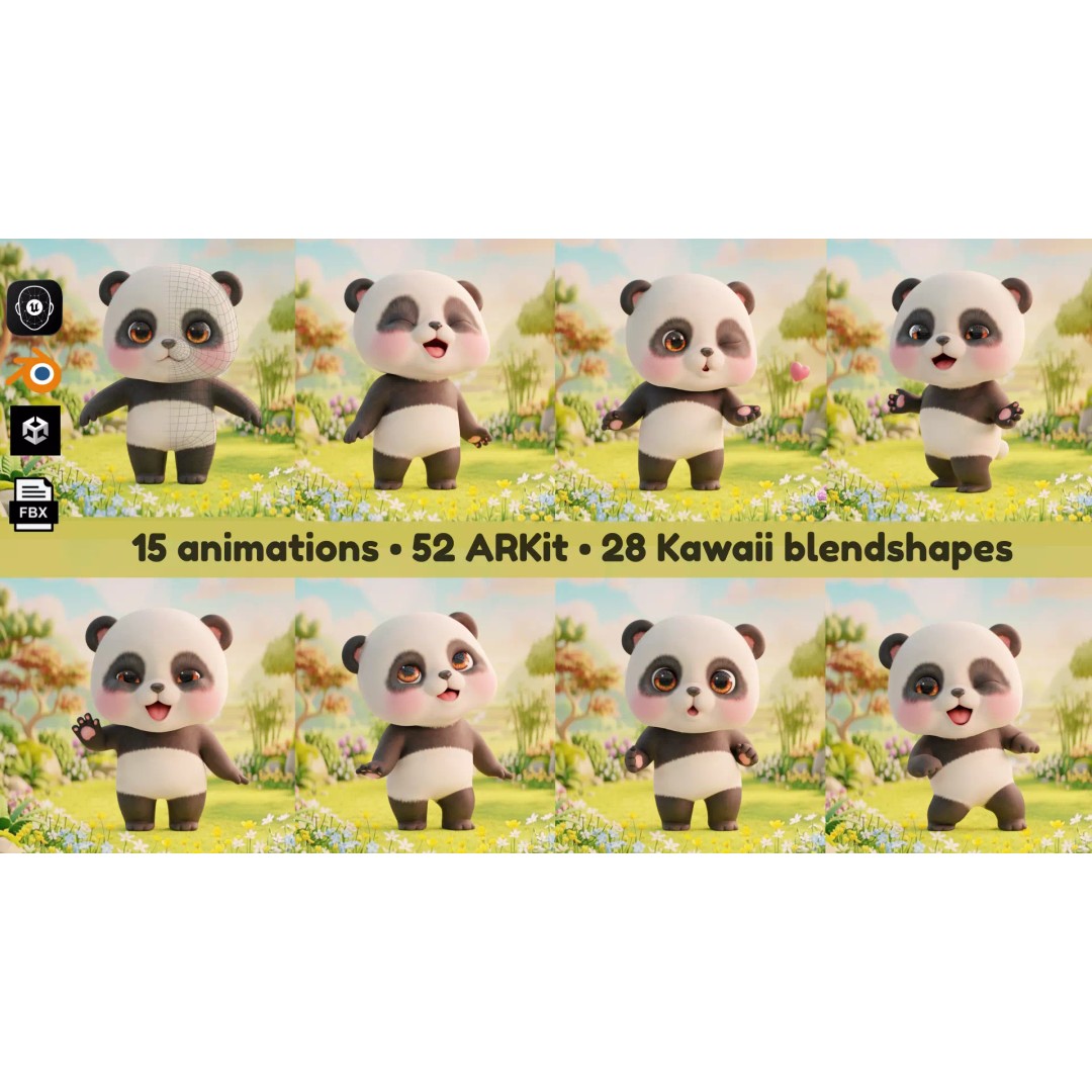 Panda 3D Model – Rigged Low-Poly Character with 52 ARKit Blendshapes - View 3