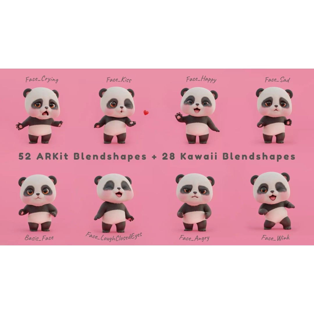 Panda 3D Model – Rigged Low-Poly Character with 52 ARKit Blendshapes - View 4