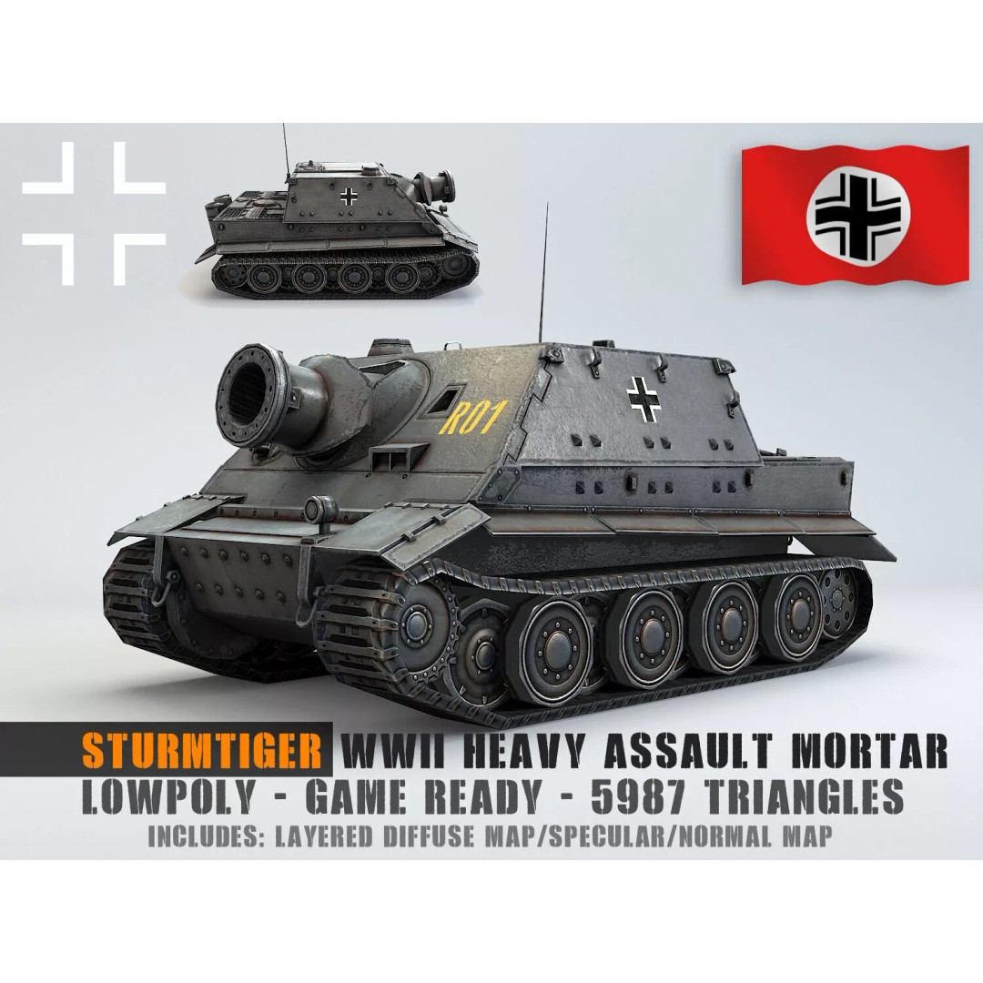 Sturmtiger 3D Model – Low Poly Military Vehicle, FBX, Game Ready - View 2