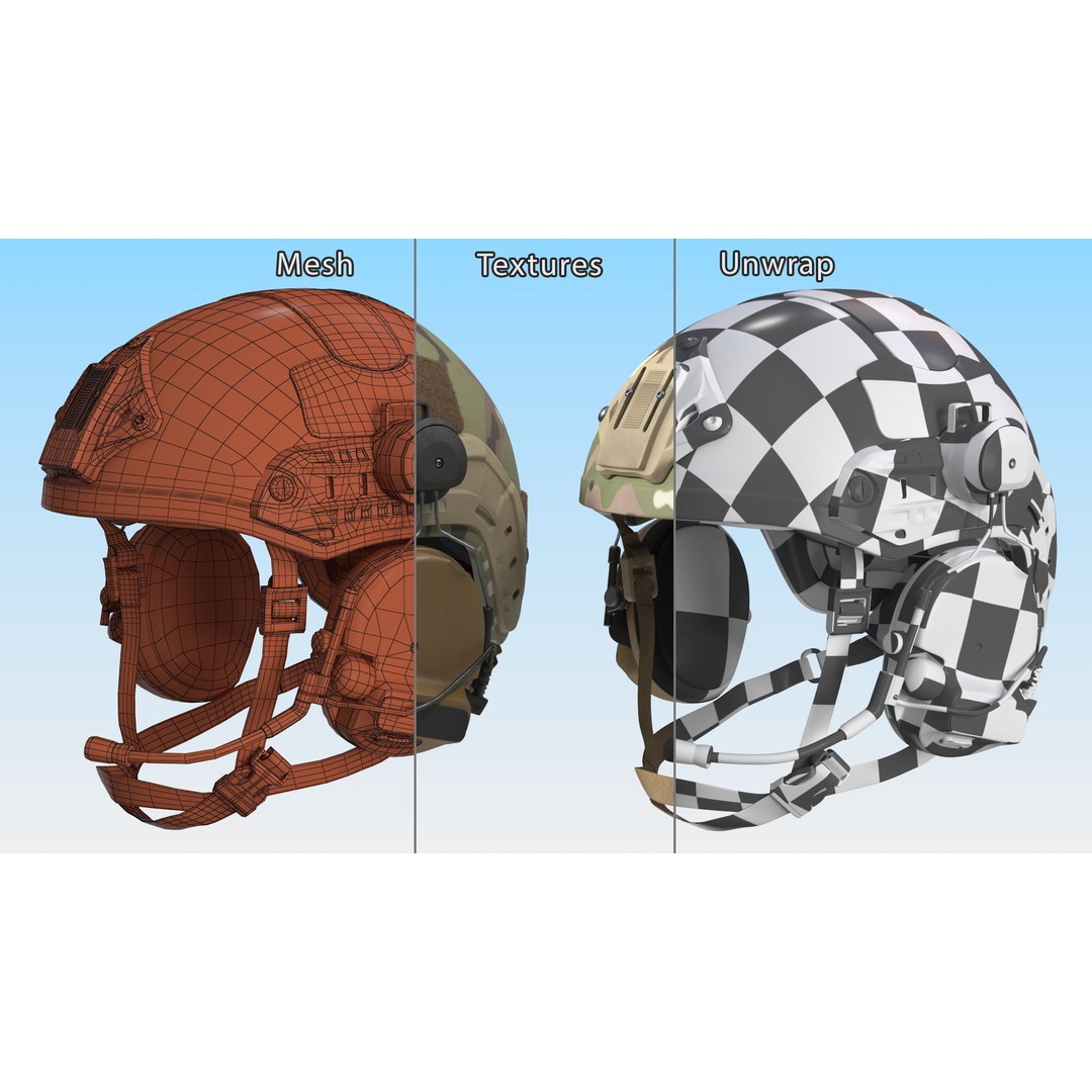 Tactical Gear Helmet 3D Model – Green Camo Fur, PBR Textures - View 11