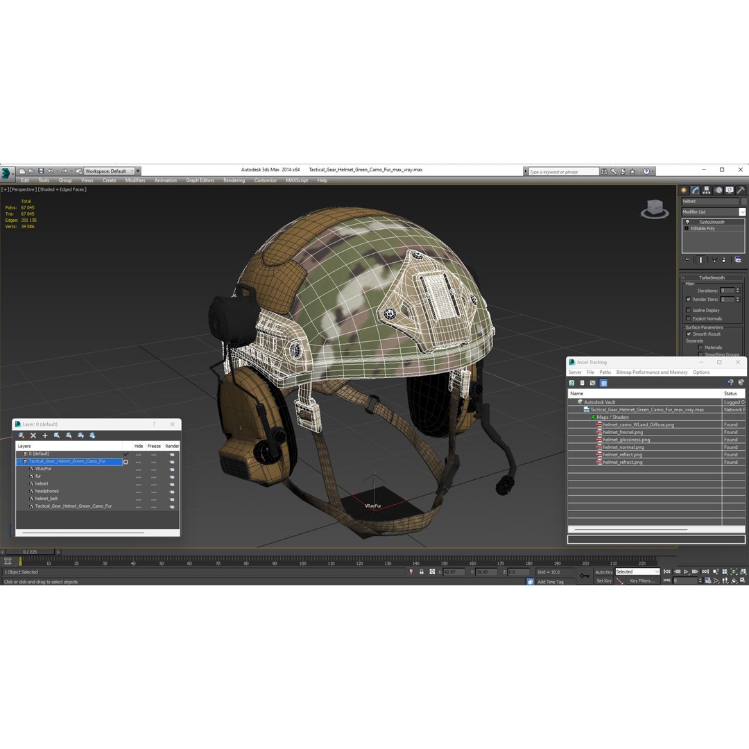 Tactical Gear Helmet 3D Model – Green Camo Fur, PBR Textures - View 15